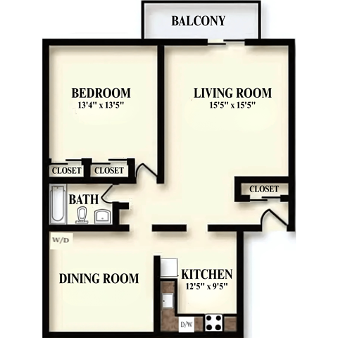 Floor plan for 1 bed, 1 bath, 909 sqft